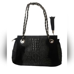 Black Croc-Effect Chain Strap Shoulder Bag
